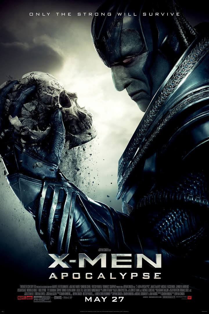 it shows a character holding a skull with the movie title: X-men Apocolypse